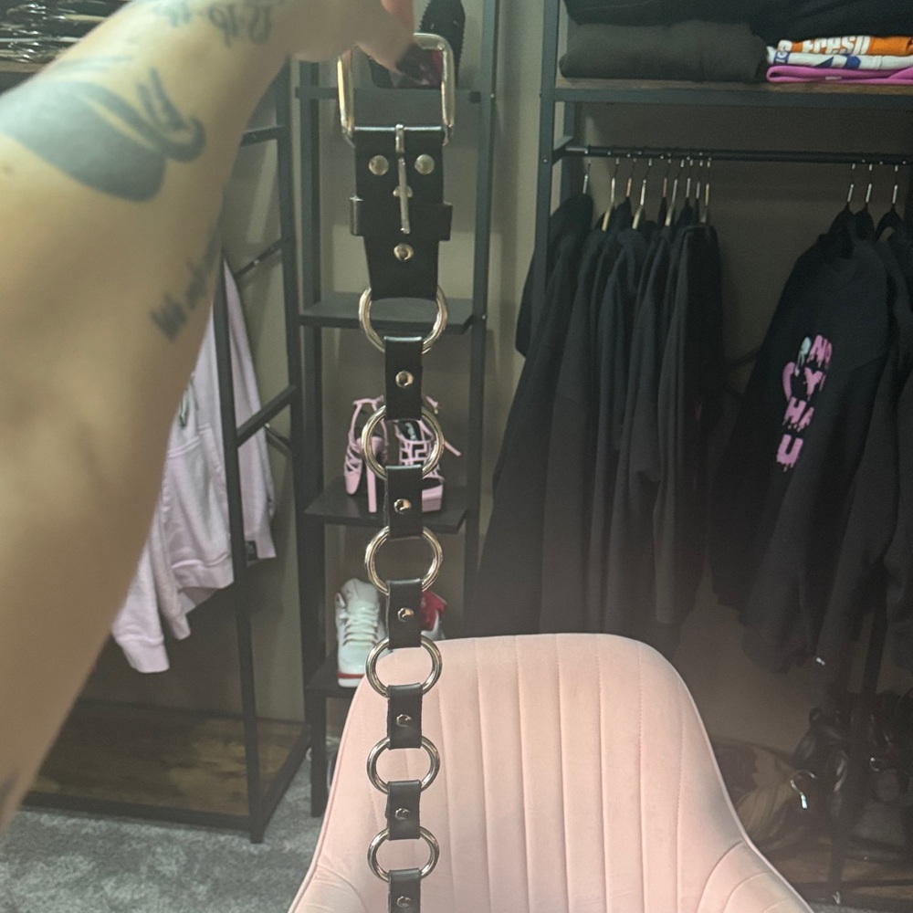 Black Leather Belt with Silver Rings